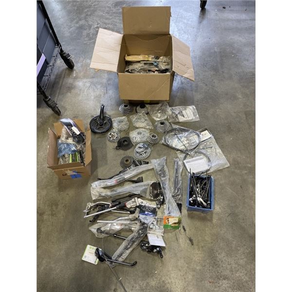 HUGE BOX OF NEW AND USED BIKE PARTS INCLUDING SPROKCETS, BRAKES, KICKSTANDS, QUICK RELEASES, CRANK P