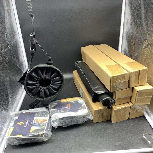 SEVEN NEW UMBRELLA STYLE WINDSHIELD SUNSCREENS AND FOUR TUBE AUTOMOTIVE TRASH RECEPTACLES