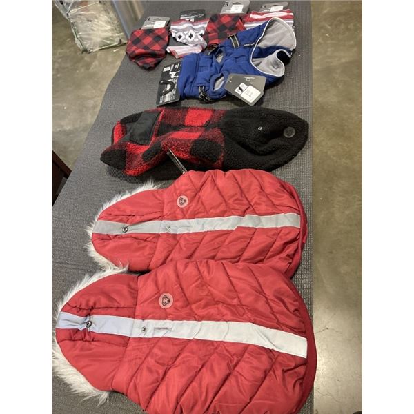 4 NEW DOG JACKETS AND 4 NEW DOG BANDANAS, ASSORTED SIZE
