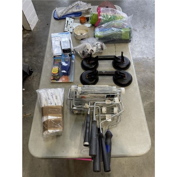 3 BOXES OF MISC ITEMS - PAINT ROLLER HANDLES, NEW CABLE TESTER, HOLE SAWS, ETC