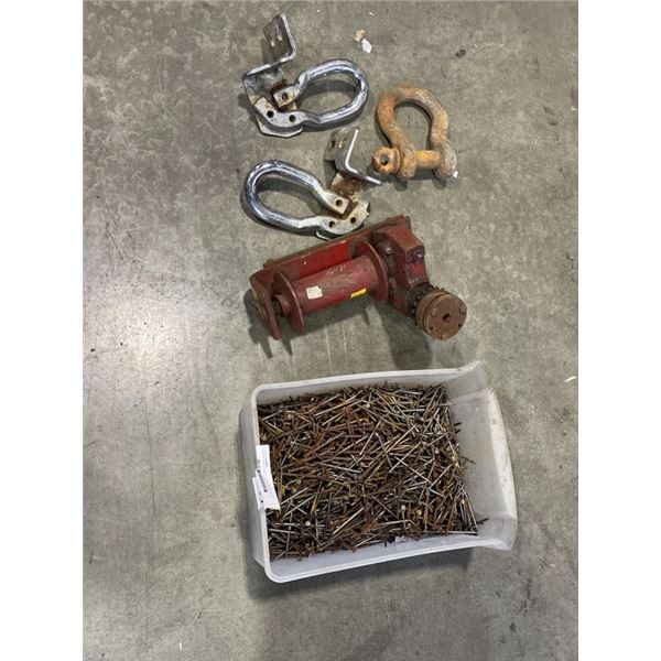 BIN OF NAILS, WINCH, AND 3 LARGE HOOK RINGS