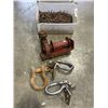 Image 2 : BIN OF NAILS, WINCH, AND 3 LARGE HOOK RINGS