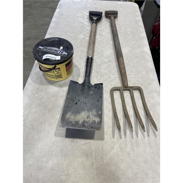 PAIL OF QUICK SET CEMENT AND PITCH FORK, SHOVEL