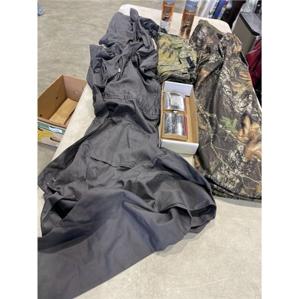 CAMO HUNTING JACKETS AND COVERALLS AND HIGH HEAT SPRAY PAINTS, 2 FLASKS