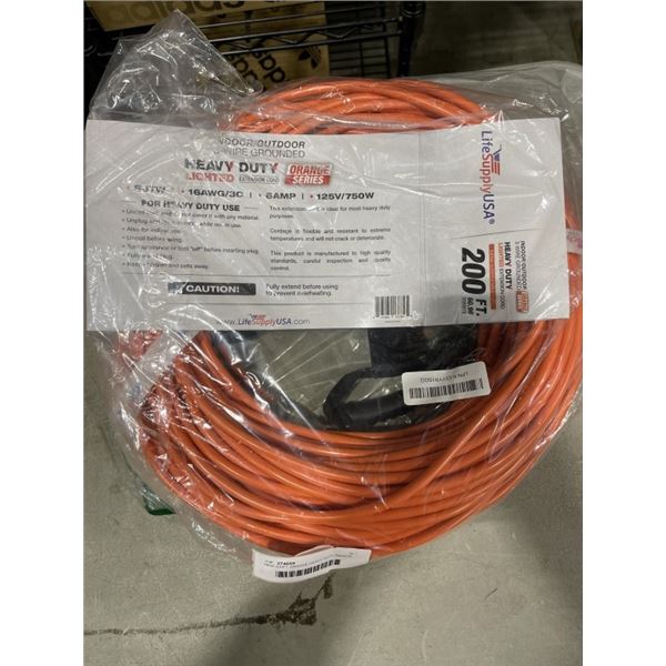 NEW 200FT ORANGE HEAVY DUTY INDOOR OUTDOOR LIGHTED 3 WIRE EXTENSION CORD, 16AWG