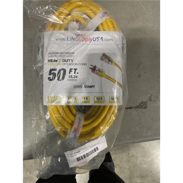 NEW 50FT YELLOW HEAVY DUTY INDOOR OUTDOOR LIGHTED 3 WIRE EXTENSION CORD, 12AWG