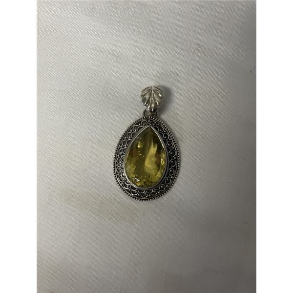 LARGE SOLID STERLING SILVER W/ CITRINE STONE PENDANT, HAND MADE MARKED 925