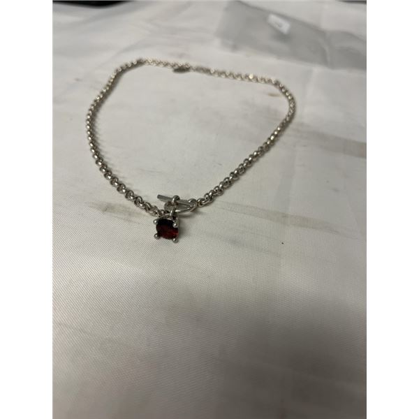 HEAVY STERLING SILVER CHAIN W/ GARNET STONE PENDANT, TOGGLE CLASP, MARKED MIMI + MARGE 925 16" LENGT
