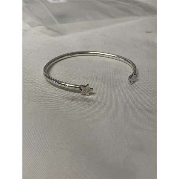 SOLID STERLING SILVER OPEN CUFF BANGLE W/ 2 STARS, MARKED 925