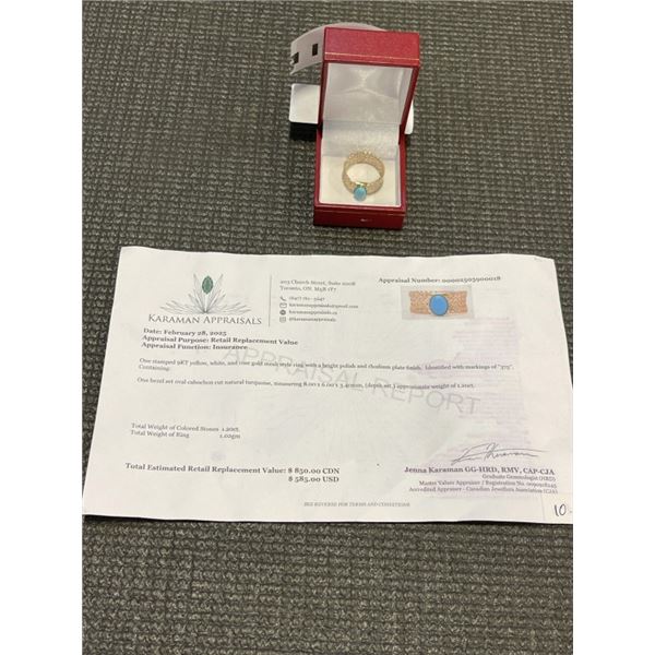 9KT YELLOW, WHITE AND ROSE GOLD NATURAL TURQUOISE MESH STYLE RING, W/A $850.00.