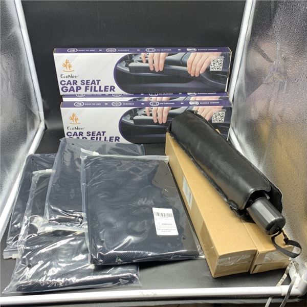 FOUR NEW MAGNETIC BLACK MESH WINDOW VEHICLE SHADES WITH TWO NEW UMBRELLA STYLE WINDSHIELD SUN SHADES