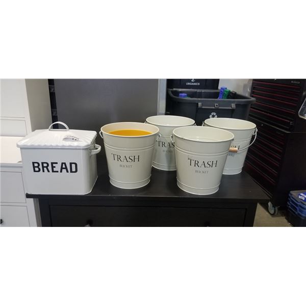 4 METAL ENAMEL TRASH BUCKLETS AND BREAD BOX