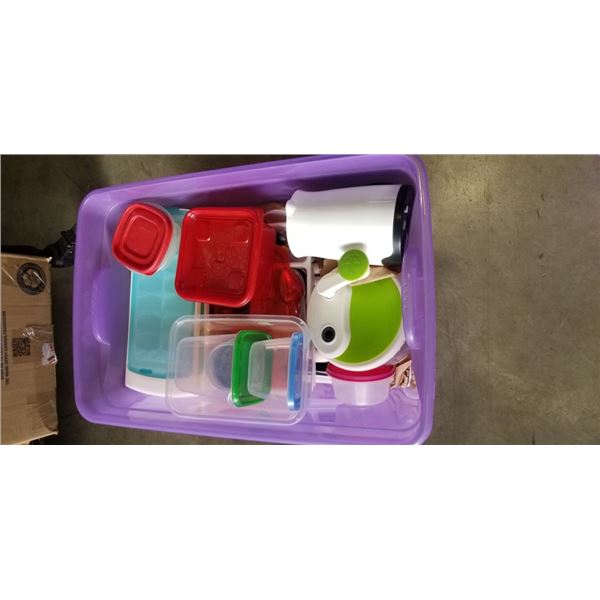 STORAGE TOTE OF ASSORTED KITCHEN AND HOUSEHOLD ITEMS