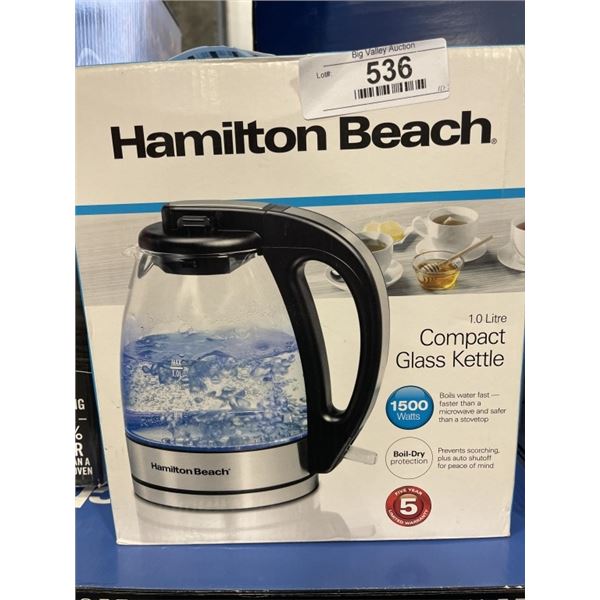 AS ENW HAMILTON BECH 1L COMPACT GLASS KETTLE, TESTED WORKING OPEN BOX