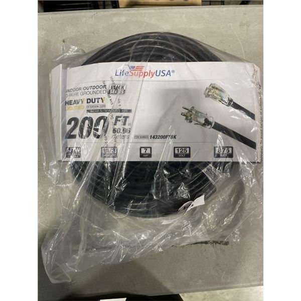 NEW BLACK 200FT INDOOR / OUTDOOR HEAVY DUTY LIGHTED 3 WIRE EXTENSION CORD, 14AWG