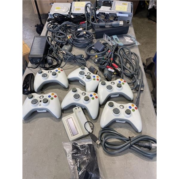 BOX OF XBOX CONTROLLERS AND CONSOLE