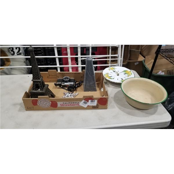 TRAY OF COLLECTIBLES - WALL CLOCK, CANDLES, VINTAGE CAMERA, ETC