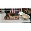 Image 1 : TRAY OF COLLECTIBLES - WALL CLOCK, CANDLES, VINTAGE CAMERA, ETC