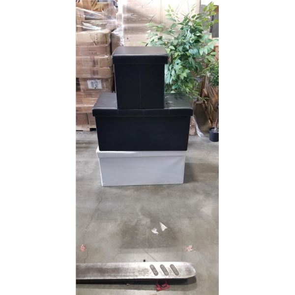 3 LEATHER STORAGE OTTOMANS, WITH BOARD GAMES