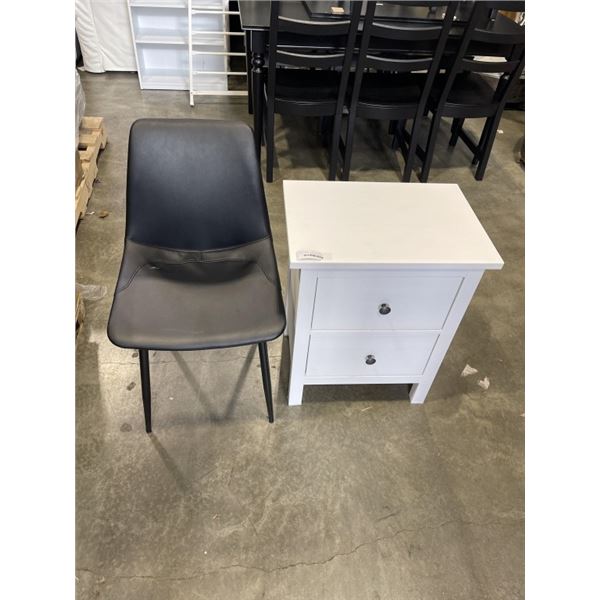 IKEA WHITE 2 DRAWER ENDTABLE AND BLACK LEATHER CHAIR