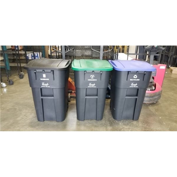 3 BRAND NEW STACKING WITH LID GARBAGE BINS - GARBAGE, COMPOST AND RECYCLING, 22" X 24"X 35" 80 GALLO