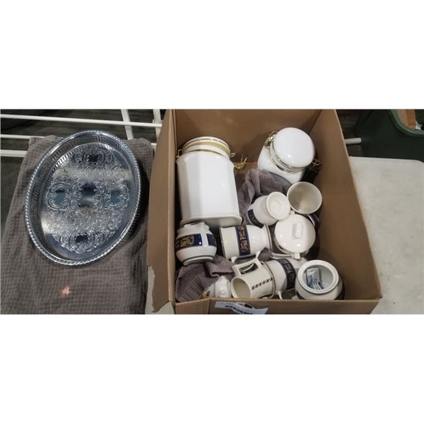 BOX OF TETLEY CHINA, PLATTER,  AND CANNISTERS