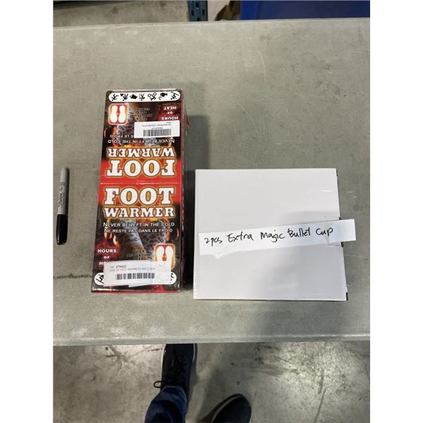 CASE OF FOOT WARMERS AND 2 NEW MAGIC BULLET REPLACEMENT CUPS