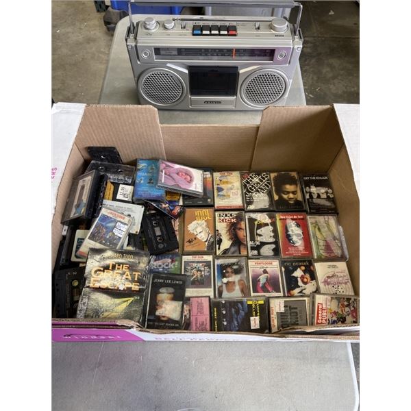 VINTAGE SANYO CASSETTE PLAYER AND ASSORTED CASSETTE TAPES