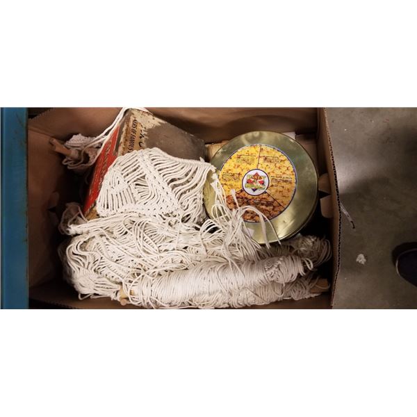 ANTIQUE COLLECTIBLE TINS, MACRAME ITEMS ETC