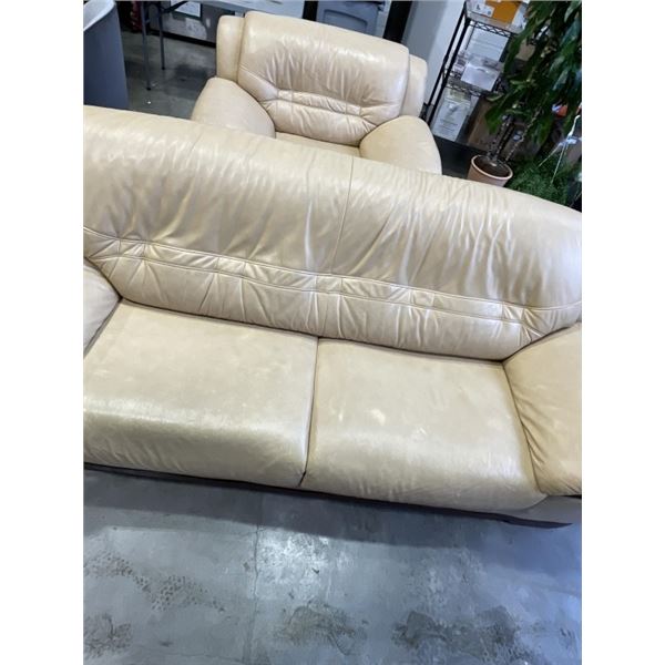 BEIGE LEATHER SOFA AND OVERSIZED CHAIR