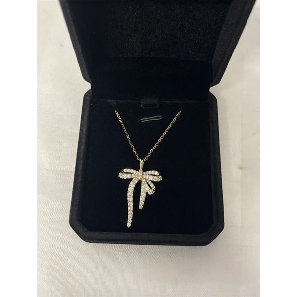 NEW 14K GOLD PLATED 34.0M SIMULATED DIAMOND (CZ) BOW NECKLACE - CHAIN 18" LONG