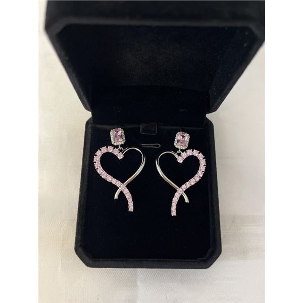 NEW PLATINUM PLATED 1.0CT EACH EMERALD CUT PINK SIMULATED DIAMOND (CZ) DANGLE EARRINGS