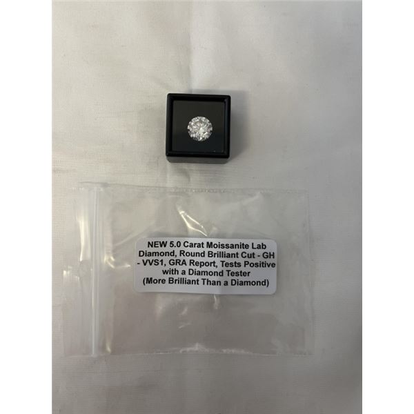NEW 5.0 CARAT MOISSANITE LAB DIAMOND, ROUND BRILLIANT CUT, GH-VVS1, GRA REPORT, TESTS POSITIVE W/ DI
