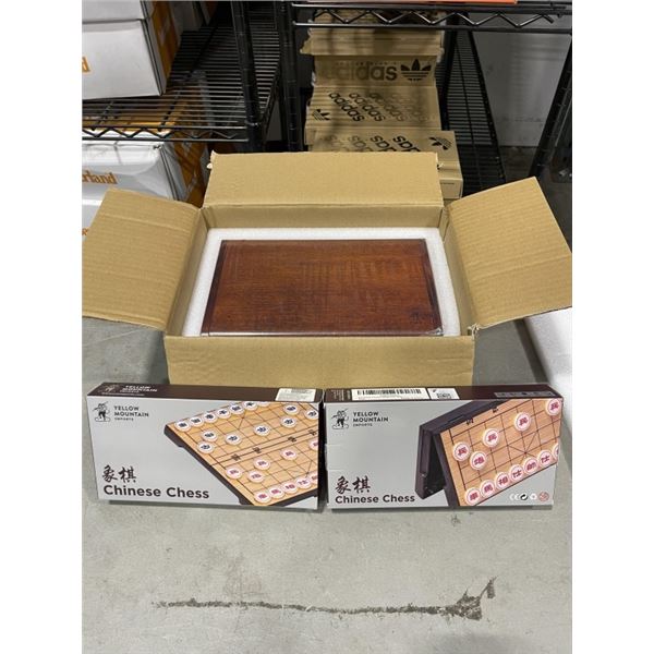 YELLOW MOUNTAIN D12 DOMINOS WOOD CASED SET AND 2 CHINESE CHESS SETS