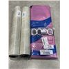 Image 1 : 2 NEW 70'S RETRO PINK AND BLUE SHOWER CURTAINS AND 2 NEW SUPER WATER ABSORBENT BATH MATTS, LIGHT GRE