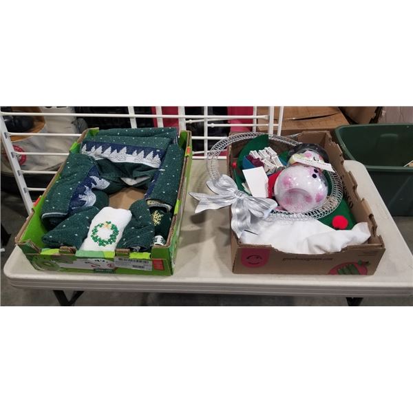 2 TRAYS OF CHRISTMAS DECOR AND TOWELS