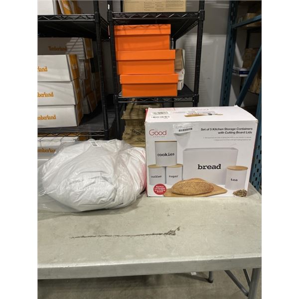 AS NEW BUCKWHEAT ORAGNI PILLOW KINGSIZE AND KITCHEN STORAGE SET