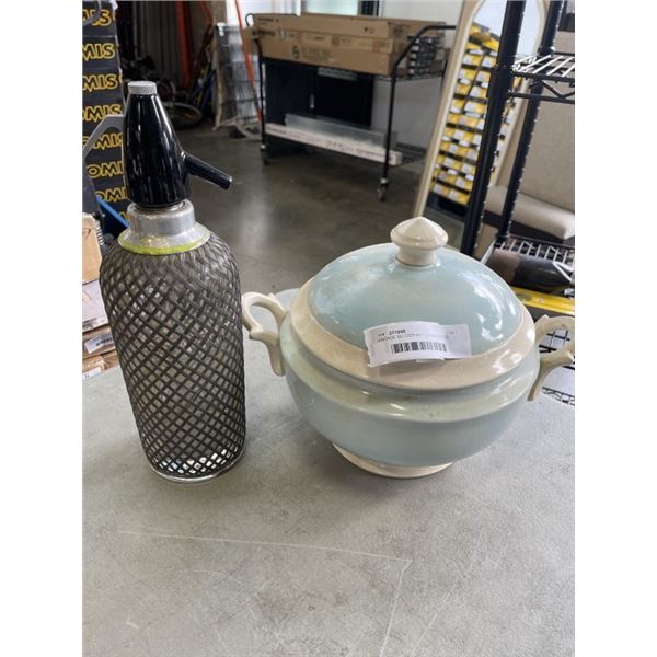 VINTAGE SELTZER BOTTLE AND LIDDED TOUREEN