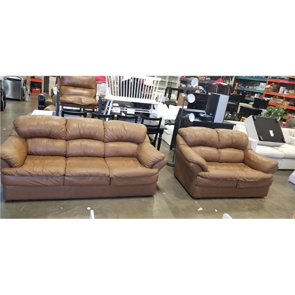 BROWN LEATHER SOFA AND LOVE SEAT