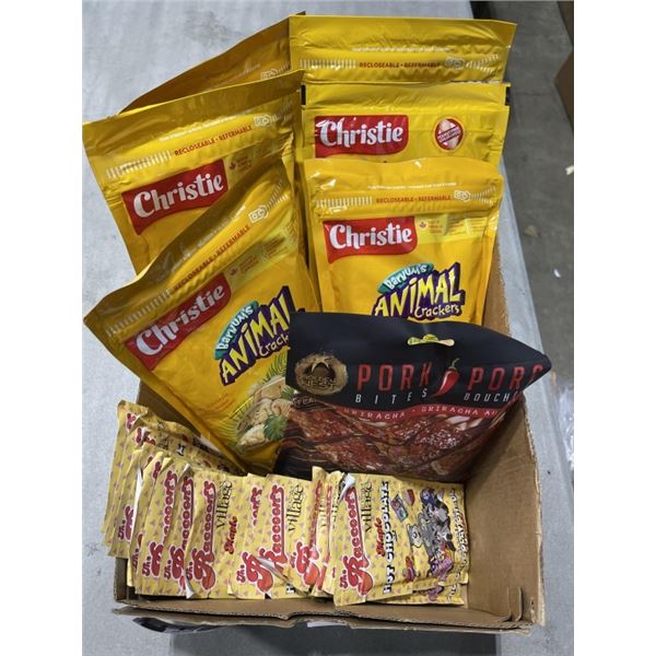 SEALED BAGS OF ANIMAL CRACKERS, VILLAGE HOT CHOCOLATES, 4 BOXE SOF QUAKER OATS AND PORK BITES