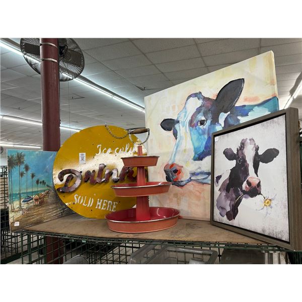 Ice Cold Drinks Sign, 3 Tier Merchandiser, Tropical/Cow Wall Art