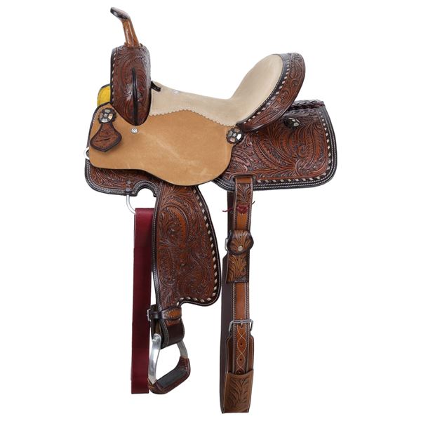 Double T Feathered Buckskin Barrel Style Saddle - 15"