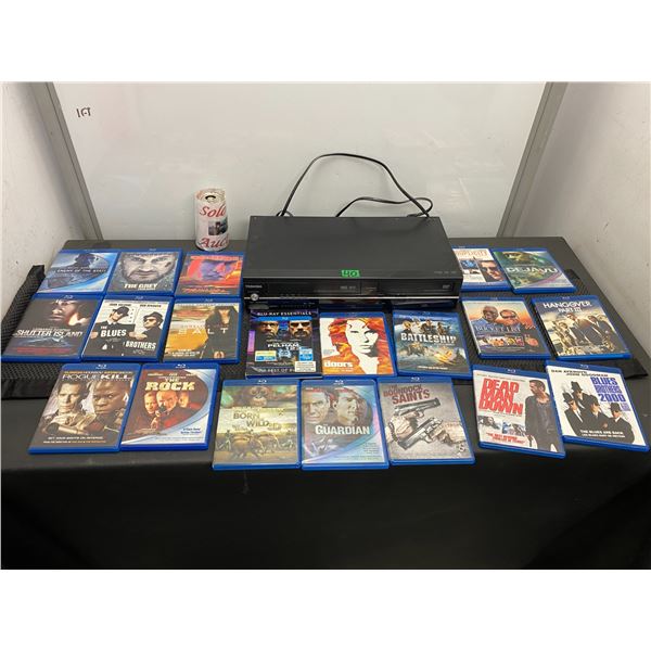 Toshiba brand DVD/VHS player with 20 assorted Blue-ray DVD movies