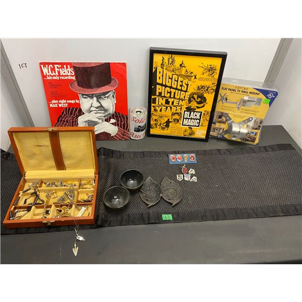 Wall art, flat panel TV mount, jewellery box full of cuff links and men's jewellery and more