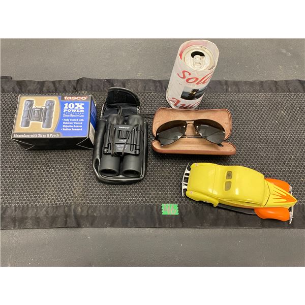 Tasco brand binoculars 10X 25mm in original box with carrying case, toy car 1997 1940 Ford, sunglass