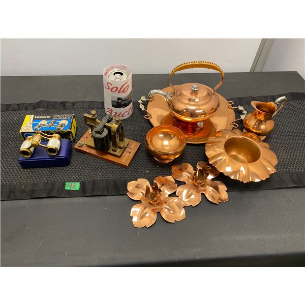 Assorted lot of items including theatre glasses, copper home décor items, antique telegraph sounder