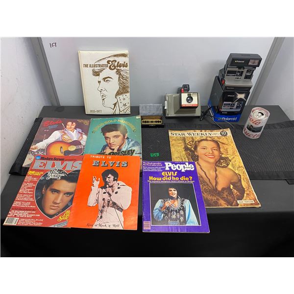 Vintage magazines featuring Elvis Presley, vintage cameras