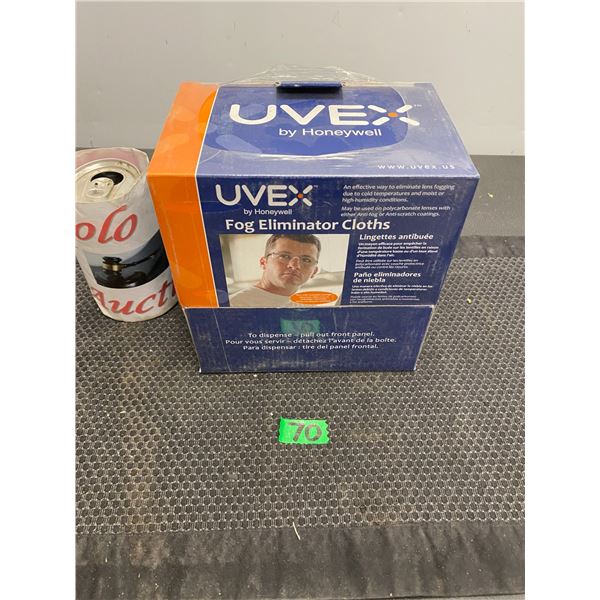 Uvex brand by Honeywell fog eliminating cloths to eliminate eyeglass lens fogging due to cold temper