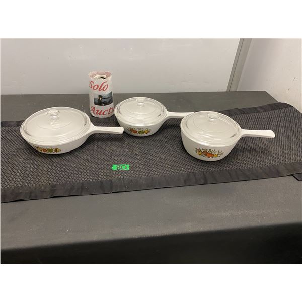 Set of 3 Corningware pots with lids