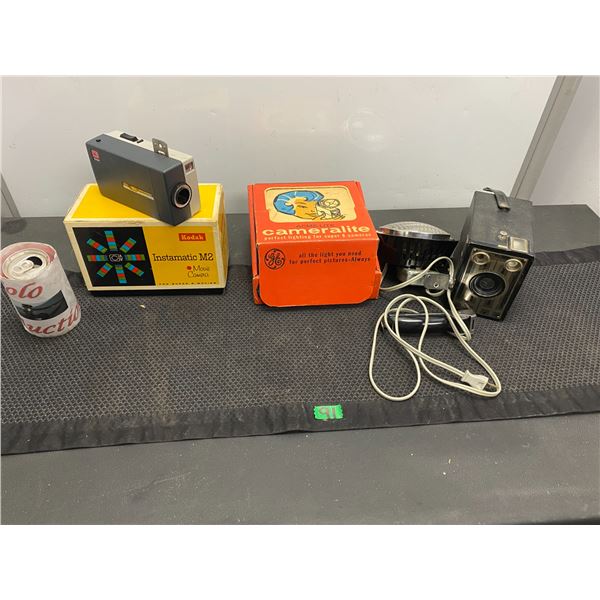 Kodak High8 movie camera, Acme camera light, Brownie camera